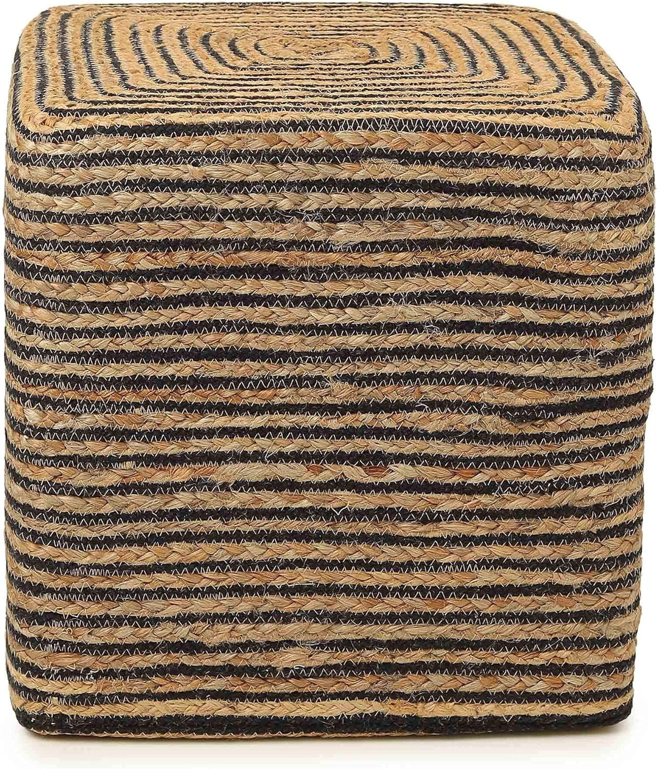 Cube Pouf Foot Stool Ottoman - Jute Braided Pouffe Poof Accent Sitting Footrest for the Living Room, Bedroom, Nursery, Patio, Lounge 50% Jute 50% Cotton (14.5”X14.5”X16”; Natural Black)