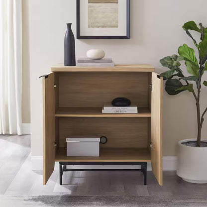 Coastal Oak/Black Wood and Metal Reeded Accent Cabinet with 2 Doors