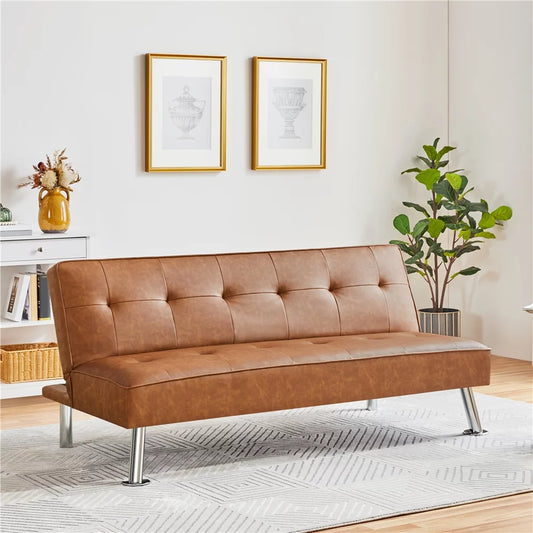 Convertible Faux Leather Futon Sofa Bed, Brown