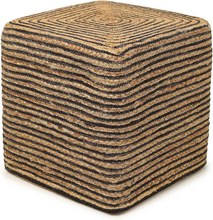 Cube Pouf Foot Stool Ottoman - Jute Braided Pouffe Poof Accent Sitting Footrest for the Living Room, Bedroom, Nursery, Patio, Lounge 50% Jute 50% Cotton (14.5”X14.5”X16”; Natural Black)