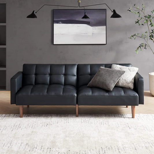 Aaron Futon Convertible Sofa Sleeper Futon with Arms Split Back Design 77.5" Midnight Black Faux Leather